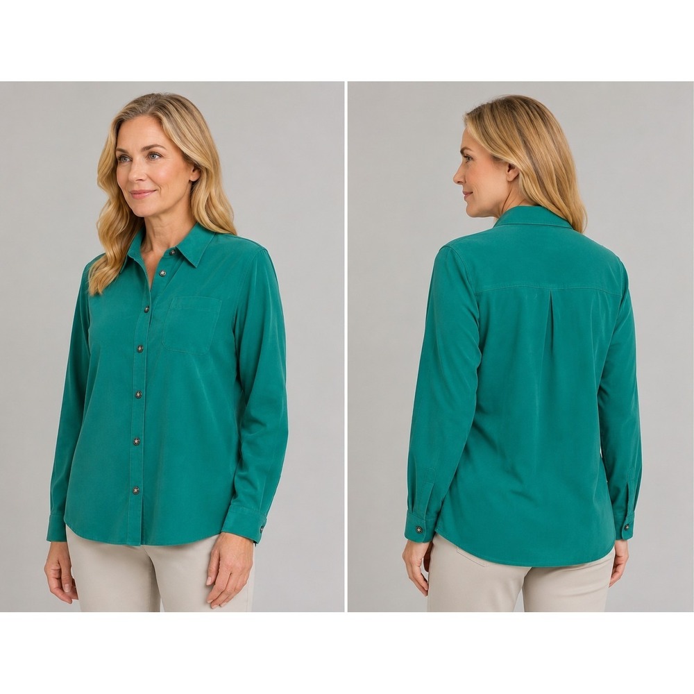 Sag Harbor Womens Size 12 Green Sueded Button Up Shirt Long Sleeve Career Casual